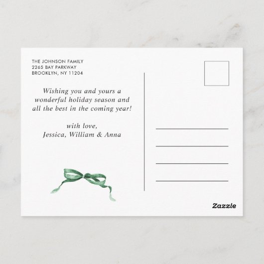 Feestelijke Sage Green Christmas Bow Ribbon 2 Foto Briefkaart (Achterkant)