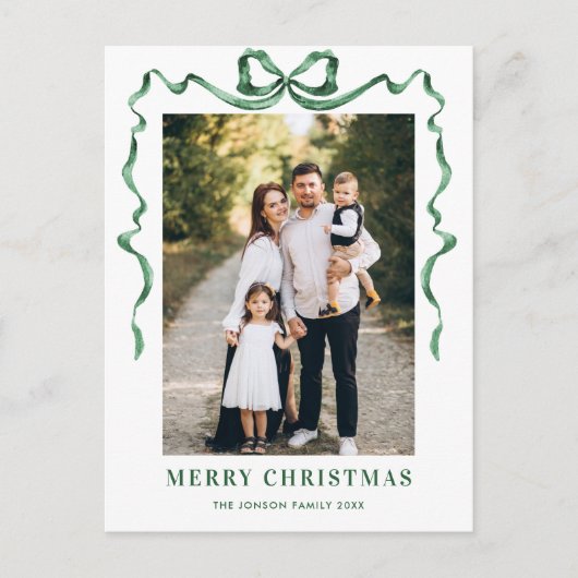 Feestelijke Sage Green Christmas Bow Ribbon 2 Foto Briefkaart (Voorkant)