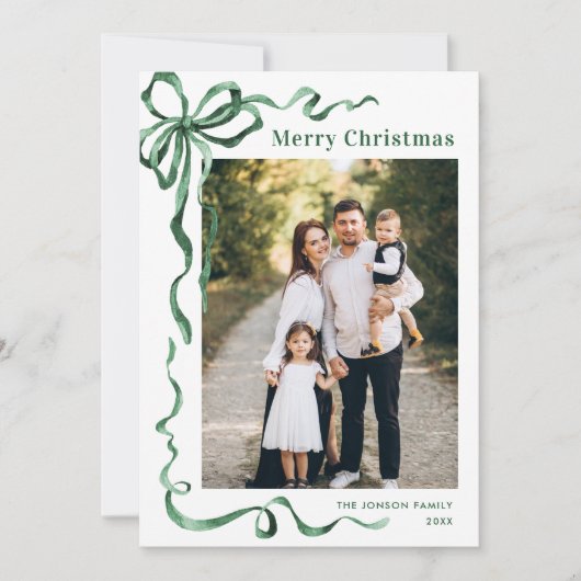 Feestelijke Sage Green Christmas Bow Ribbon 2 Foto Feestdagenkaart (Voorkant)