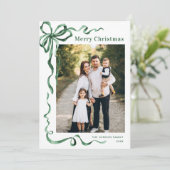 Feestelijke Sage Green Christmas Bow Ribbon 2 Foto Feestdagenkaart (Staand voorkant)