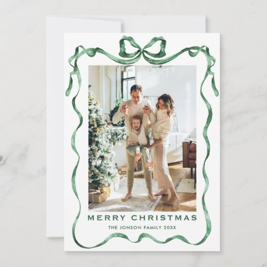 Feestelijke Sage Green Christmas Bow Ribbon 2 Foto Feestdagenkaart (Voorkant)