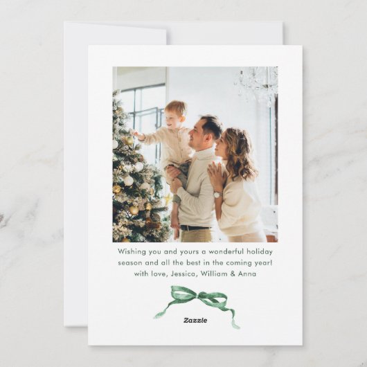 Feestelijke Sage Green Christmas Bow Ribbon 2 Foto Feestdagenkaart (Achterkant)