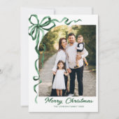 Feestelijke Sage Green Christmas Bow Ribbon 2 Foto Feestdagenkaart (Voorkant)