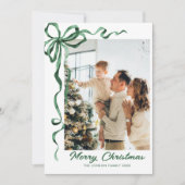 Feestelijke Sage Green Christmas Bow Ribbon 2 Foto Feestdagenkaart (Voorkant)