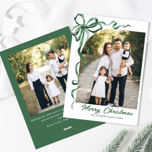 Feestelijke Sage Green Christmas Bow Ribbon 2 Foto Feestdagenkaart