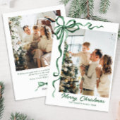 Feestelijke Sage Green Christmas Bow Ribbon 2 Foto Feestdagenkaart