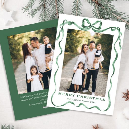Feestelijke Sage Green Christmas Bow Ribbon 2 Foto Feestdagenkaart
