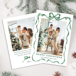 Feestelijke Sage Green Christmas Bow Ribbon 2 Foto Feestdagenkaart