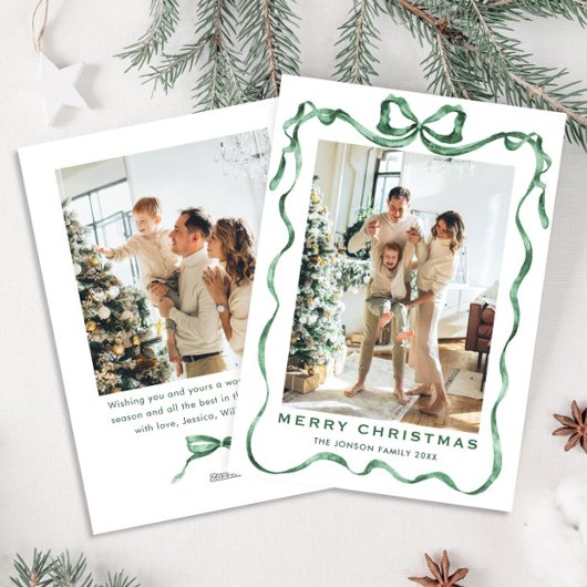 Feestelijke Sage Green Christmas Bow Ribbon 2 Foto Feestdagenkaart