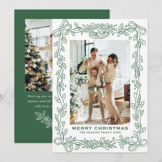 Feestelijke saliegroene kerst lint 2 foto achtergr feestdagenkaart (Voorkant / Achterkant)