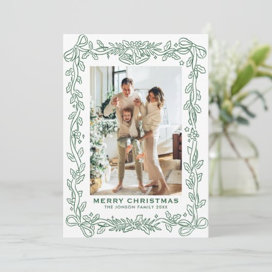 Feestelijke saliegroene kerst lint 2 foto achtergr feestdagenkaart (Staand voorkant)