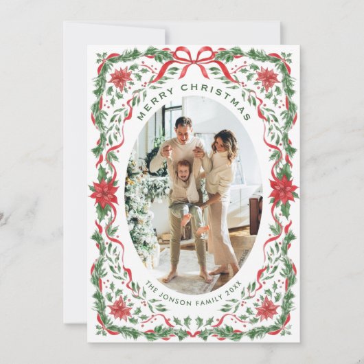 Feestelijke saliegroene kerst lint 5 foto feestdagenkaart (Voorkant)