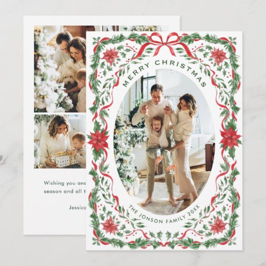 Feestelijke saliegroene kerst lint 5 foto feestdagenkaart (Voorkant / Achterkant)