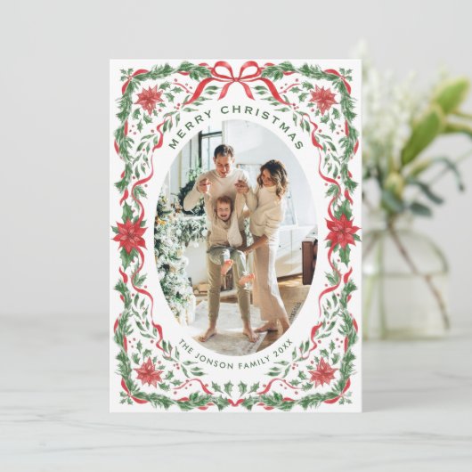 Feestelijke saliegroene kerst lint 5 foto feestdagenkaart (Staand voorkant)