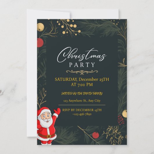 Feestelijke Santa Evergreen kerstfeest uitnodiging (Voorkant)