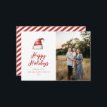 Feestelijke Santa Hat Foto Feestdagenkaart<br><div class="desc">Feestelijke waterverf Santa hat,  vakantie fotokaart. Kenmerken,  rode typografie met coördinerende streeppatroon achterkant.</div>