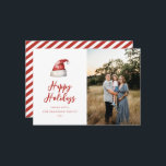 Feestelijke Santa Hat Foto Feestdagenkaart<br><div class="desc">Feestelijke waterverf Santa hat,  vakantie fotokaart. Kenmerken,  rode typografie met coördinerende streeppatroon achterkant.</div>