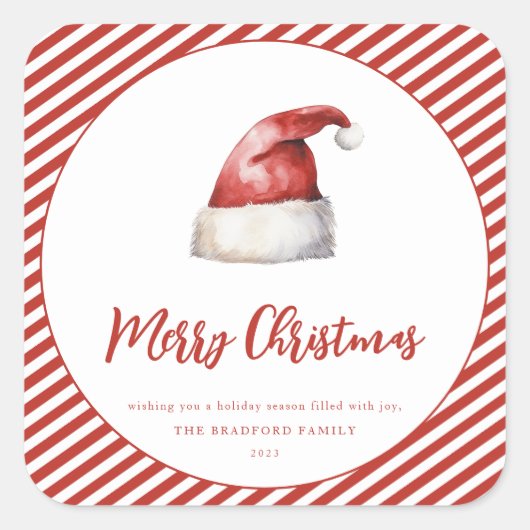 Feestelijke Santa Hat Rode Streep Vierkante Sticker (Voorkant)