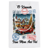 Feestelijke Santa Sack bij de boom Medium Cadeauzakje (Voorkant)