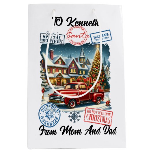 Feestelijke Santa Sack bij de boom Medium Cadeauzakje (Voorkant)