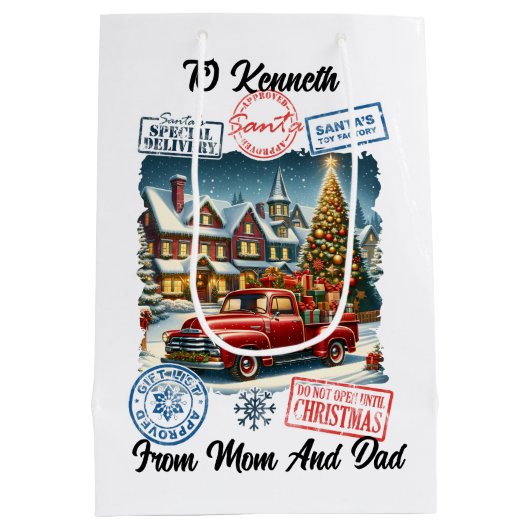 Feestelijke Santa Sack bij de boom Medium Cadeauzakje (Achterkant)