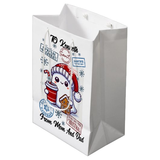 Feestelijke Santa Sack met vakantie Stickers Medium Cadeauzakje (Voorkant Gekanteld)