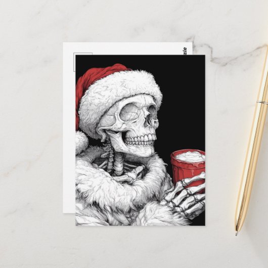 Feestelijke Santa Skeleton met een warme chocolade Briefkaart (Voorkant / Achterkant in situ)