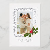 Feestelijke Scallop Lijst met Holly One Photo Folie Feestdagenkaart (Voorkant)