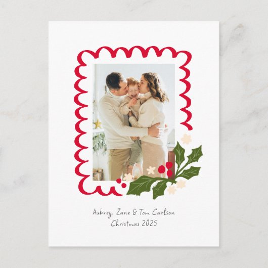 Feestelijke Scallop Lijst met Holly Photo Holiday Feestdagenkaart (Voorkant)