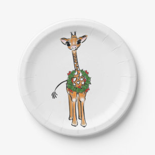 Feestelijke schattige kerst Giraffe rode groene kr Papieren Bordje