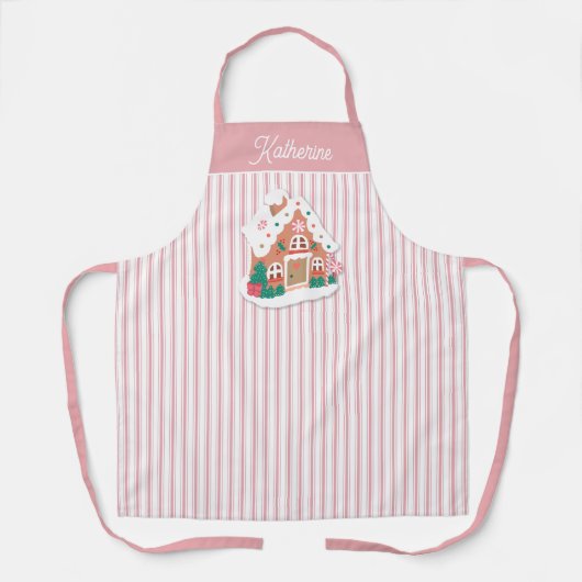 Feestelijke Schattige Roze Gingerbread Huis Streep Schort (Voorkant)