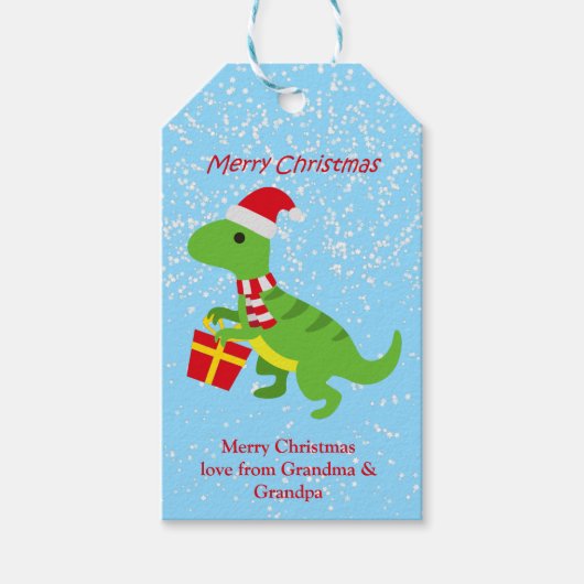 Feestelijke Schattigee Dinosaurus TRex Blauw Kinde Cadeaulabel (Voorkant)