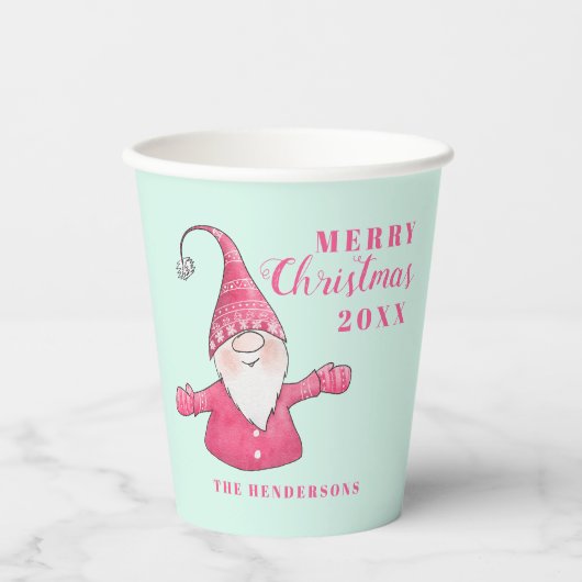 Feestelijke Schattigee Gnome Pink en Mint Green Ch Papieren Bekers (Voorkant)