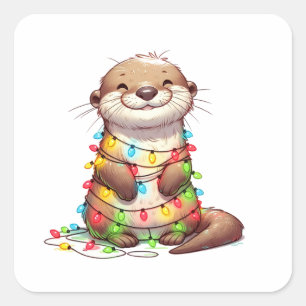 Feestelijke Schattigee kerst otter gewikkeld in Li Vierkante Sticker