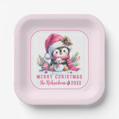 Feestelijke Schattigee Pinguïn Roze Custom Merry C Papieren Bordje (Voorkant)