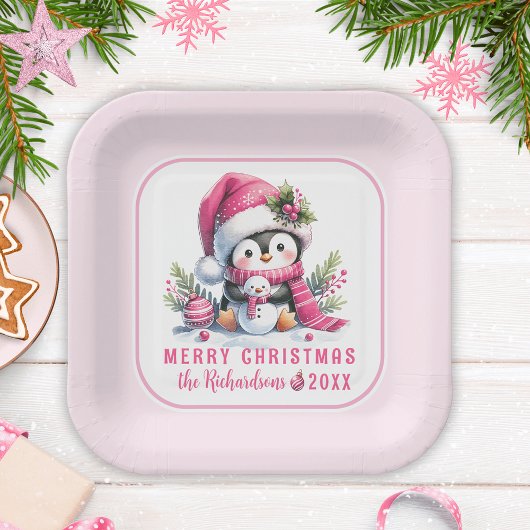 Feestelijke Schattigee Pinguïn Roze Custom Merry C Papieren Bordje