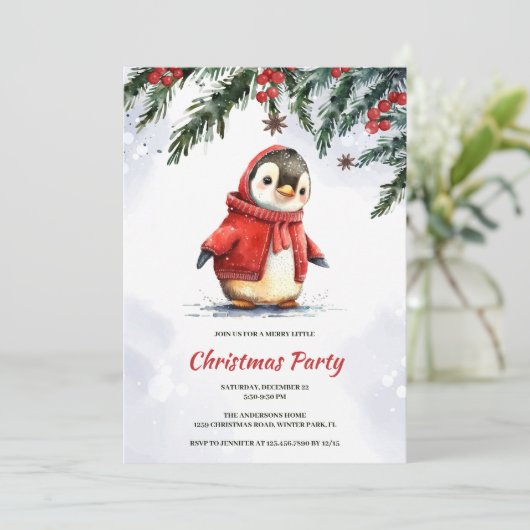 Feestelijke Schattigee Waterverf Pinguïn Kerstfees Kaart (Staand voorkant)