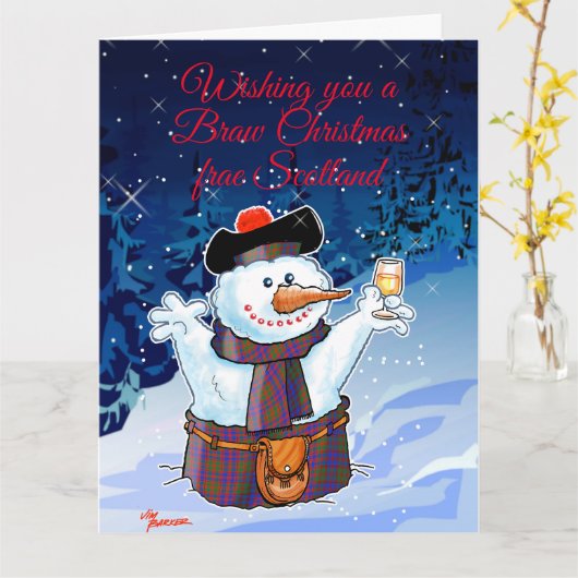 Feestelijke Schotse Sneeuwman Kaart (Gele Bloem)