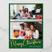 Feestelijke Script Groene 2 foto Prettig Kerstfees Folie Feestdagen Briefkaart (Voorkant)