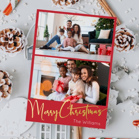 Feestelijke Script Rode 2 foto Prettig Kerstfeest  Folie Feestdagen Briefkaart