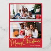 Feestelijke Script Rode 2 foto Prettig Kerstfeest  Folie Feestdagen Briefkaart (Voorkant)