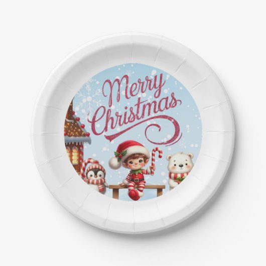 Feestelijke servies I Elf, Penguin, en Polar Beer Papieren Bordje (Voorkant)