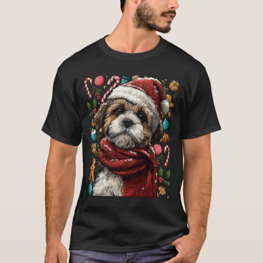 Feestelijke Shih Tzu Met Kerstman Hoed Besneeuwde  T-shirt (Voorkant)
