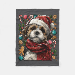Feestelijke Shih Tzu met Sinterklaashoed Besneeuwd Fleece Deken
