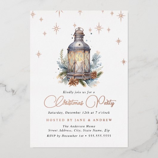 Feestelijke Shimmer Lantaarn Kerstmis Folie Uitnodiging (Voorkant)