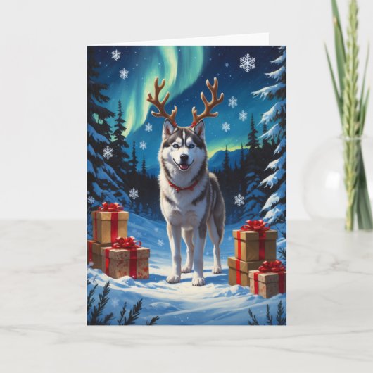 Feestelijke Siberische Husky met geschenken olieve Kaart (Voorkant)