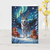 Feestelijke Siberische Husky met geschenken olieve Kaart (Gele Bloem)