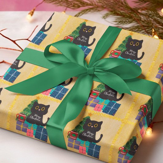 Feestelijke Sinaasappel Gouden Kerstmis Zwart Katt Cadeaupapier