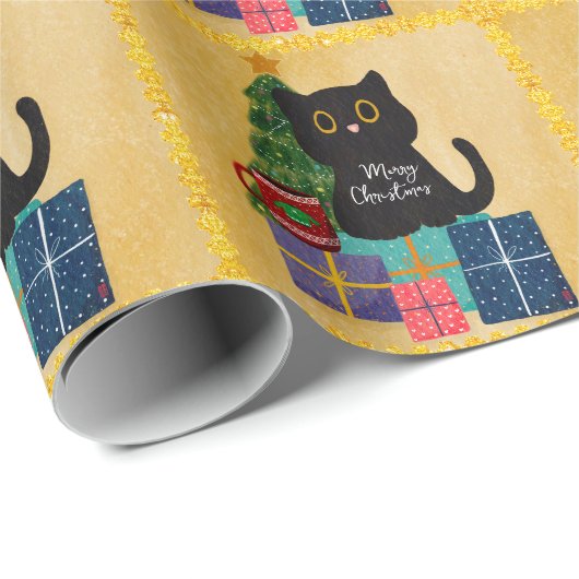 Feestelijke Sinaasappel Gouden Kerstmis Zwart Katt Cadeaupapier (Rol Hoek)