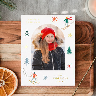Feestelijke Skiërs Foto Goud Folie Feestdagen Briefkaart